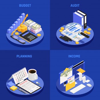 Accounting isometric design concept with budget and audit planning and income blue Free Vector
