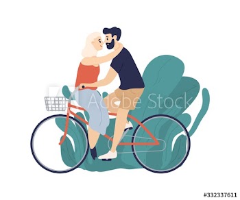 Active couple riding on bike together isolated on white background