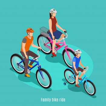Active family isometric with father son and daughter riding bike  in helmets vector illustration Free Vector