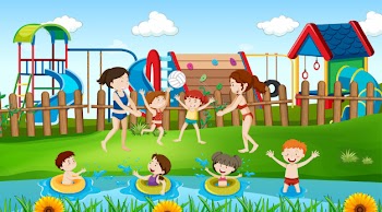 Active kids playing in outdoor scene Free Vector
