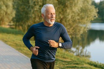 Active Older Man Jogging by the Lake