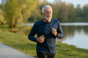 Active Senior Man Jogging by a Serene Lake