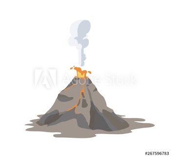 Active volcano erupting and emitting smoke, ash cloud and lava isolated on white background