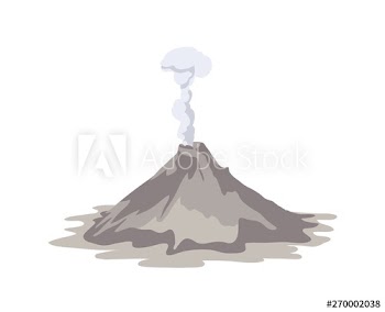 Active volcano erupting and emitting smoke cloud from crater isolated on white background
