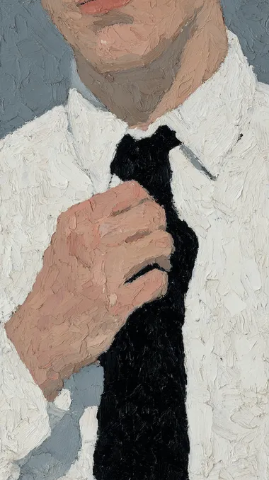 Adjusting a Black Tie: A Minimalist Oil Painting Adjusting a Black Tie: A Minimalist Oil Painting