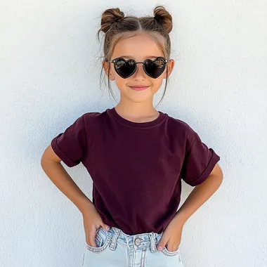 Adorable 9-Year-Old Girl in Oversized Maroon T-Shirt Adorable 9-Year-Old Girl in Oversized Maroon T-Shirt
