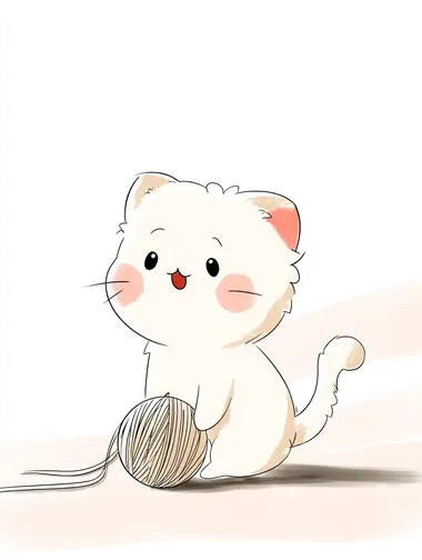 Adorable Chibi Cat with Yarn Ball