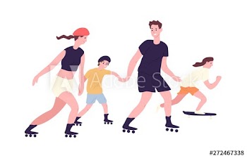 Adorable family on roller skates and skateboard