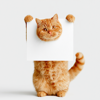 Adorable Fluffy Orange Tabby Cat Holding a Blank Sign