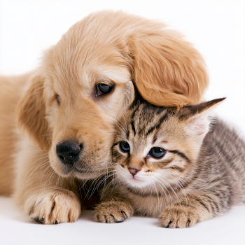 Adorable Golden Retriever Puppy and Tabby Kitten Playful Together