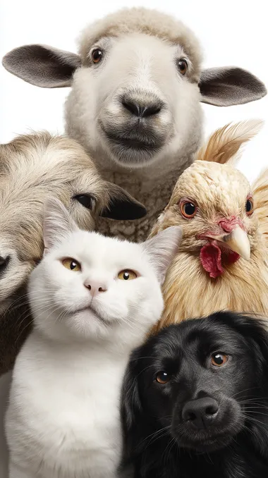 Adorable Group of Pets: Sheep, Cat, Dog, Chicken, and Pony Adorable Group of Pets: Sheep, Cat, Dog, Chicken, and Pony