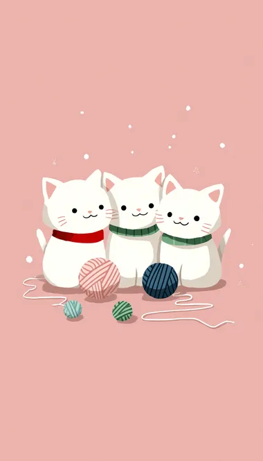 Adorable Kawaii Kittens with Collars on Pastel Background Adorable Kawaii Kittens with Collars on Pastel Background