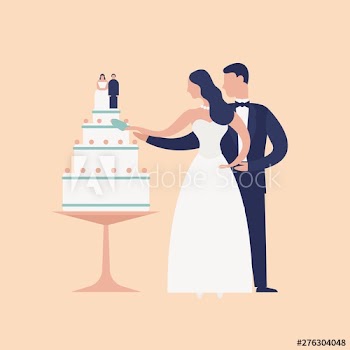 Adorable newlyweds cutting cake with topper isolated on light background
