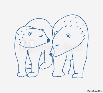 Adorable pair of polar bears hand drawn with contour lines on white background