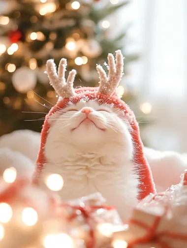 Adorable white cat in reindeer hat by Christmas tree and gifts Adorable white cat in reindeer hat by Christmas tree and gifts