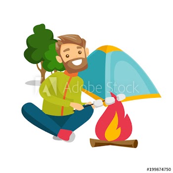 Adult smiling caucasian white hipster man roasting marshmallows over campfire on the background of camping site with tent