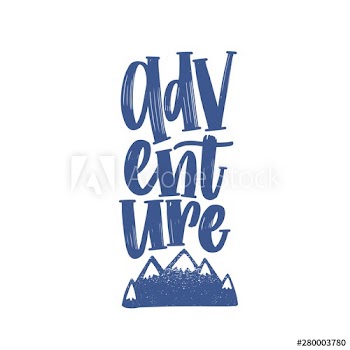 Adventure word or text handwritten with elegant cursive calligraphic font and decorated by mountains or cliffs
