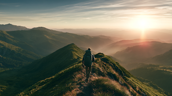Adventurous Hiker on Mountain Ridge at Golden Hour