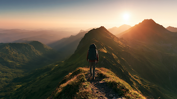 Adventurous Hiker on Mountain Ridge at Golden Hour