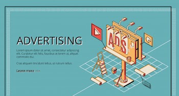Advertising agency, digital marketing company, online promotion service isometric web banner Free Vector