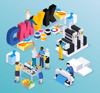 Advertising agency printing house isometric composition with customers designers workers producing colorful press ads material illustration Free Vector