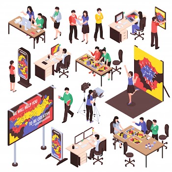 Advertising agency set with studio work and outdoor advertising symbols isometric isolated Free Vector