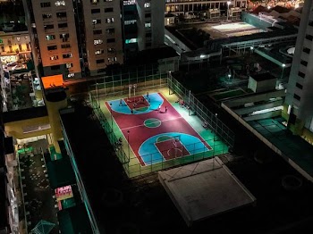 aerial photo of basketball court on top of the building