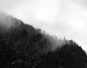 Aerial Photo of Foggy Black and White Mountain