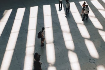 aerial photo of people walking on gray concrete pathway during daytime