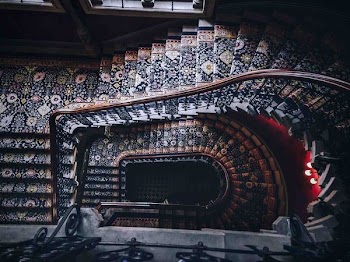 aerial photo of spiral stairs near window