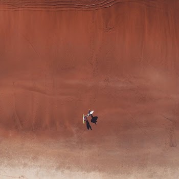 aerial photo of two person in desert