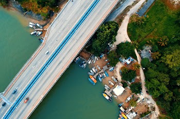 Aerial Photo Photography of Vehicle Passing Through the Bridge