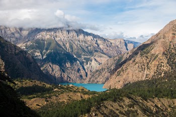 Aerial Photography of Brown Mountain Ranges and Lake