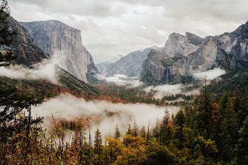 aerial photography of foggy forest overlooking mountain range