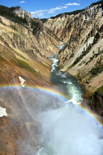aerial photography of narrow river with forming rainbow