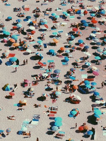 aerial photography of people and parasols on beach shoreline at daytime