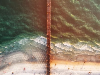 aerial photography of people at beach and sea dock
