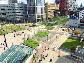 aerial photography of people walking on park near city buildings