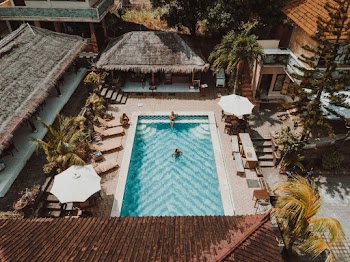 Aerial Photography of Three People in a Swimming Pool