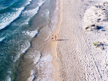 aerial photography of two person walking on seashore during daytime