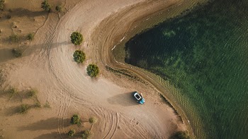 Aerial Photography of Vehicle Parked on Beach Near Bushes
