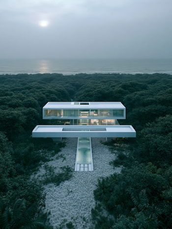 Aerial View of a Minimalist Villa Surrounded by Tropical Landscape