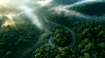 Aerial View of a Winding Road through Lush Green Forest