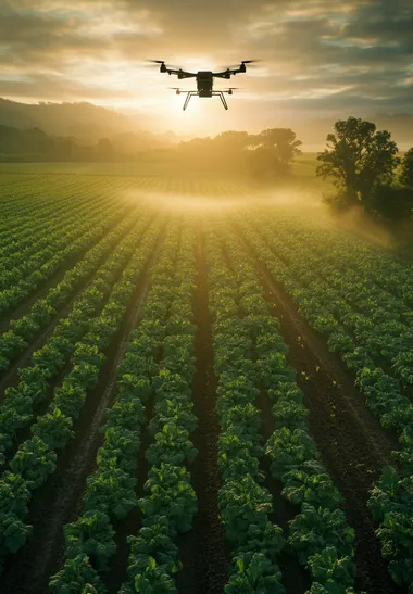 Aerial View of Advanced Agricultural Drone Spraying Crops at Sunrise Aerial View of Advanced Agricultural Drone Spraying Crops at Sunrise