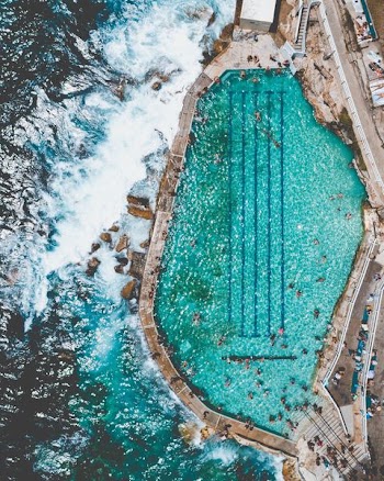 aerial view of beach and pool