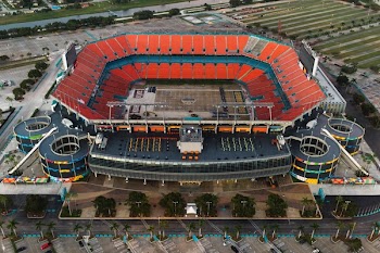 Aerial View of Blue and Black Open Roof Stadium