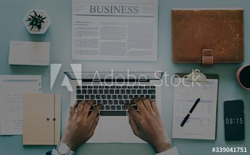 Aerial view of businessman using computer laptop