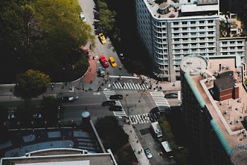 Aerial View of Busy Street Near Downtown