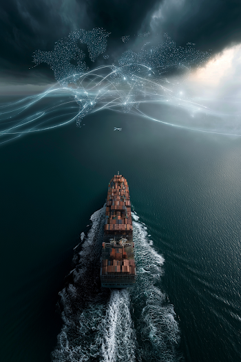Aerial View of Cargo Ship with Global Trade Network