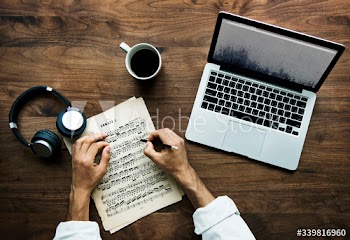 Aerial view of computer laptop on wooden table